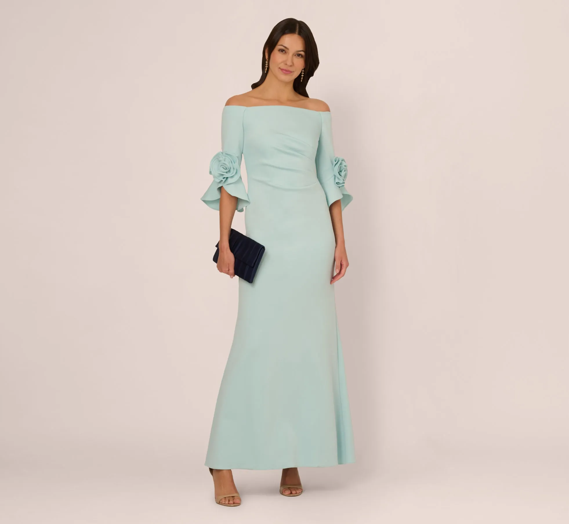 Off Shoulder Bell Sleeve Rosette Gown In Airy Aqua