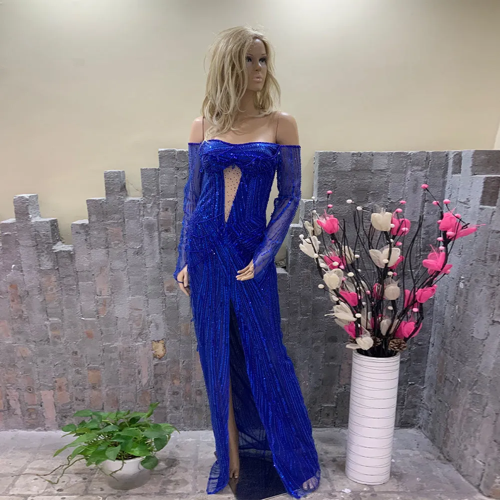 Off Shoulder Long Sleeve Exquisite Maxi Bodycon Dress HT10430