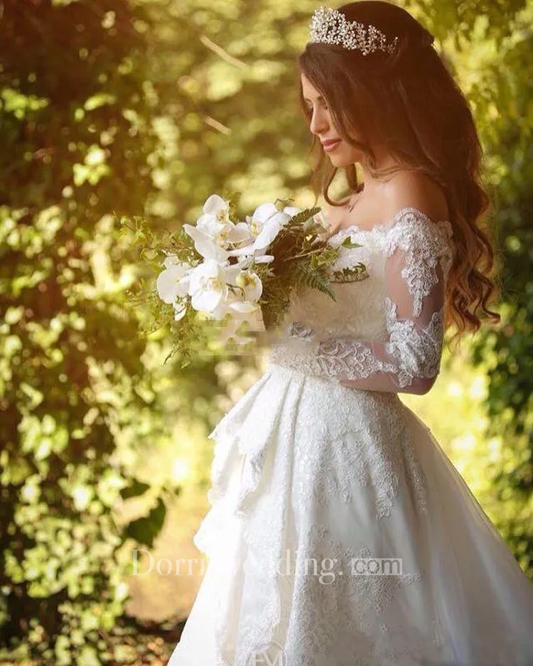Off Shoulder Long Sleeves Backless Lace Wedding Bridal Gown