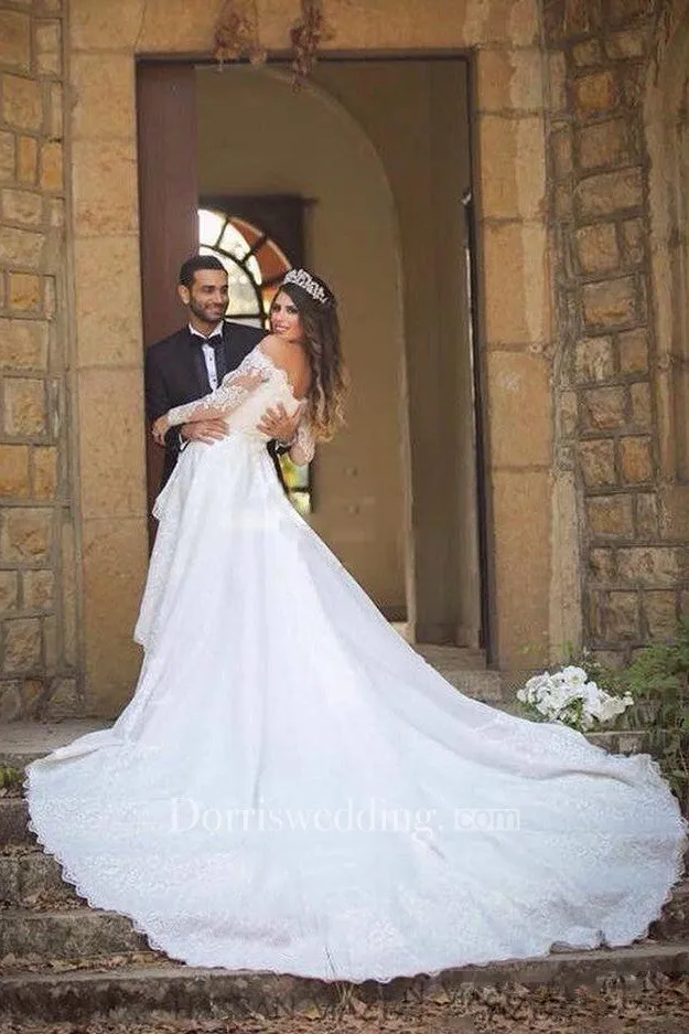Off Shoulder Long Sleeves Backless Lace Wedding Bridal Gown
