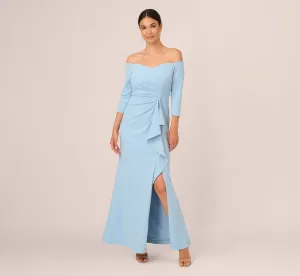 Off The Shoulder Cascading Ruffle Gown In Blue Mist