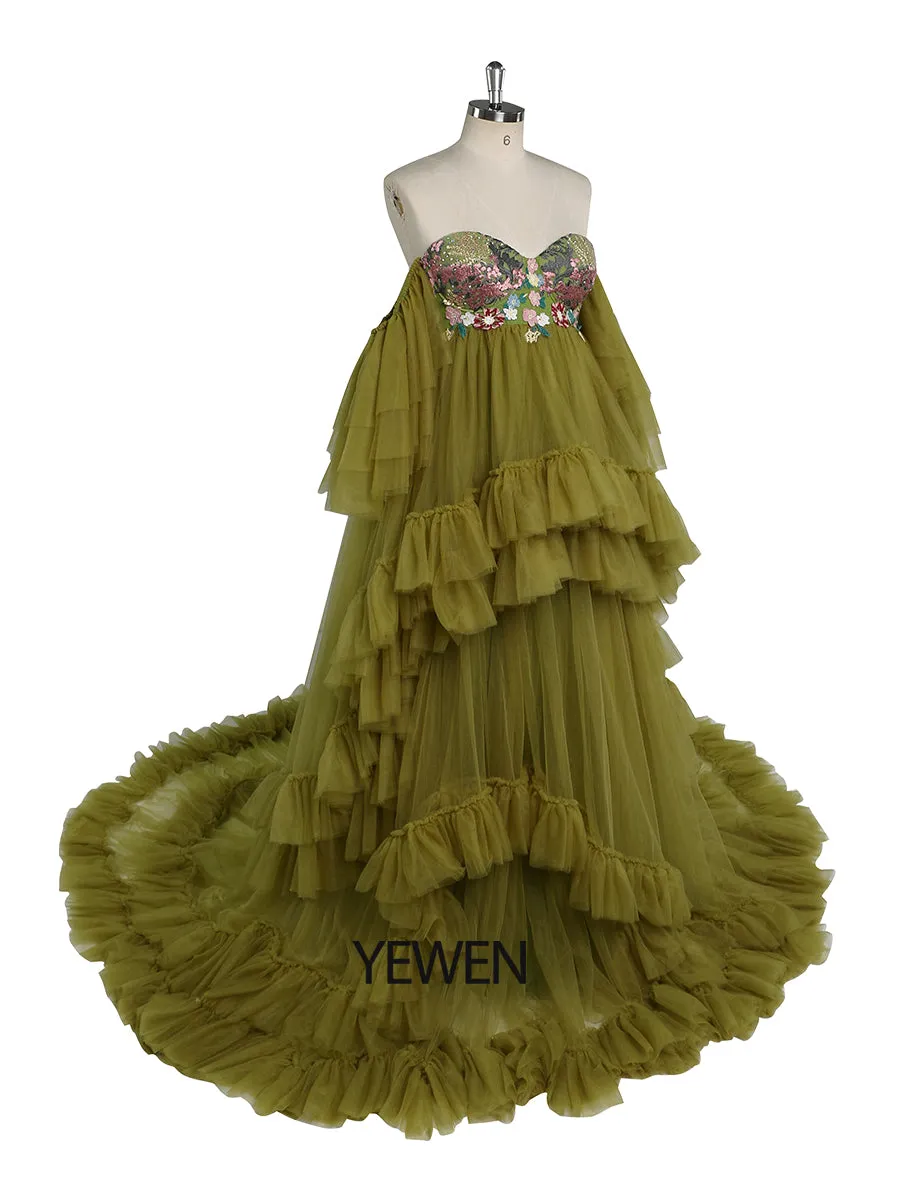 Off The Shoulder Embroidery Lace Tulle Maternity Dress for Photo Shoot Ruffles Maxi Woman Photography Dress Outfit YW2045