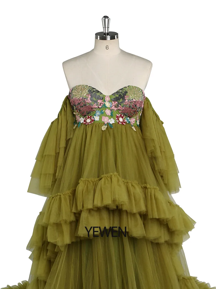 Off The Shoulder Embroidery Lace Tulle Maternity Dress for Photo Shoot Ruffles Maxi Woman Photography Dress Outfit YW2045