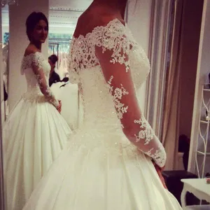 Off-the-shoulder Long Sleeve Pleated Satin Ball Gown With Lace-up and Beaded Detailing-BU_708749