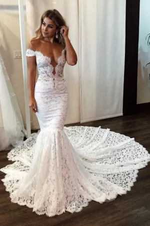 Off-the-shoulder Rich Lace Bridal Gown with Mermaid Train