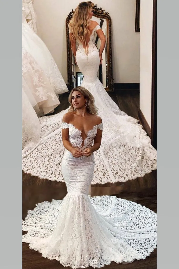 Off-the-shoulder Rich Lace Bridal Gown with Mermaid Train