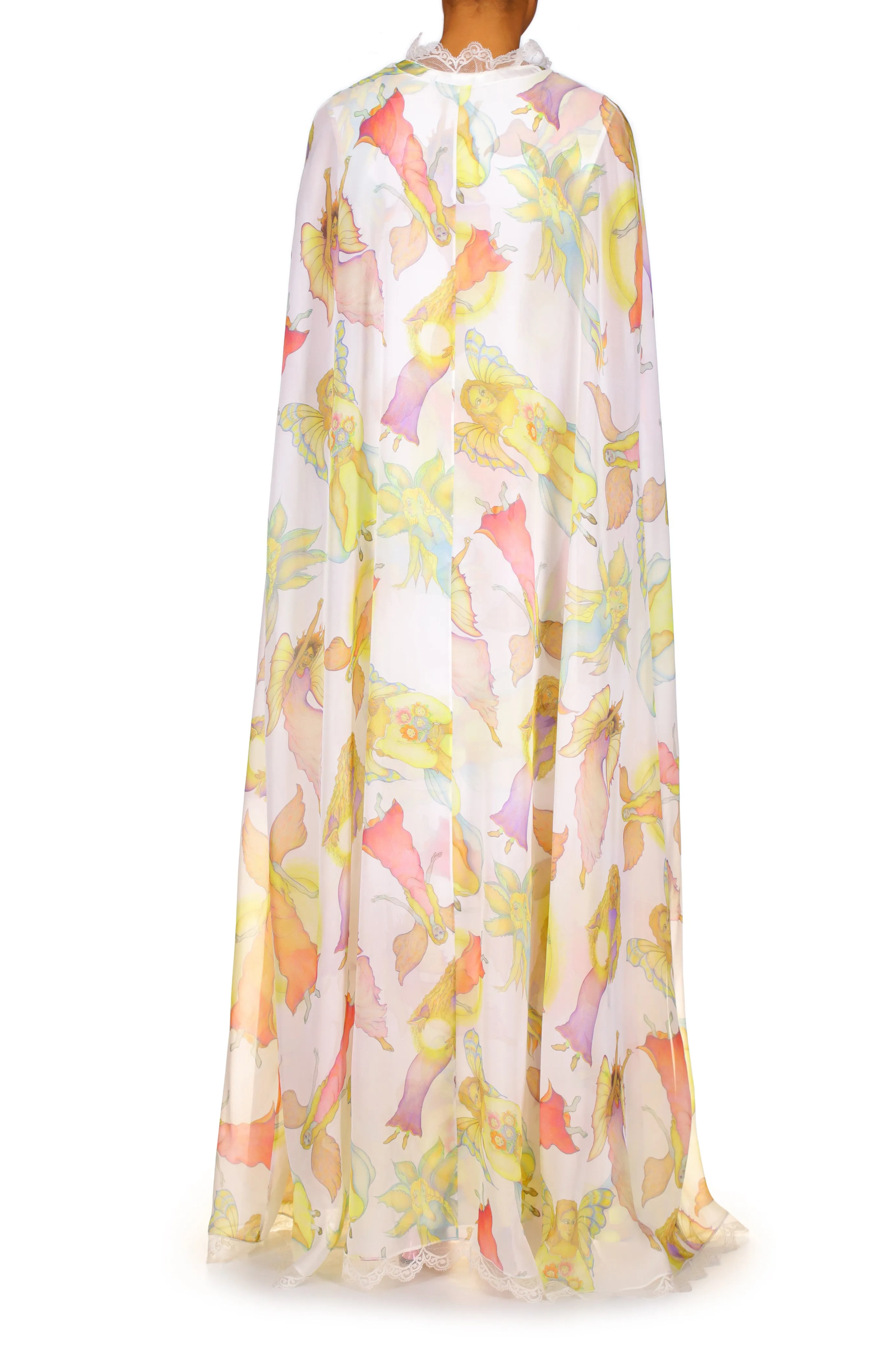 Off White Fairy Printed Silk Chiffon and Charmeuse Cape Dress