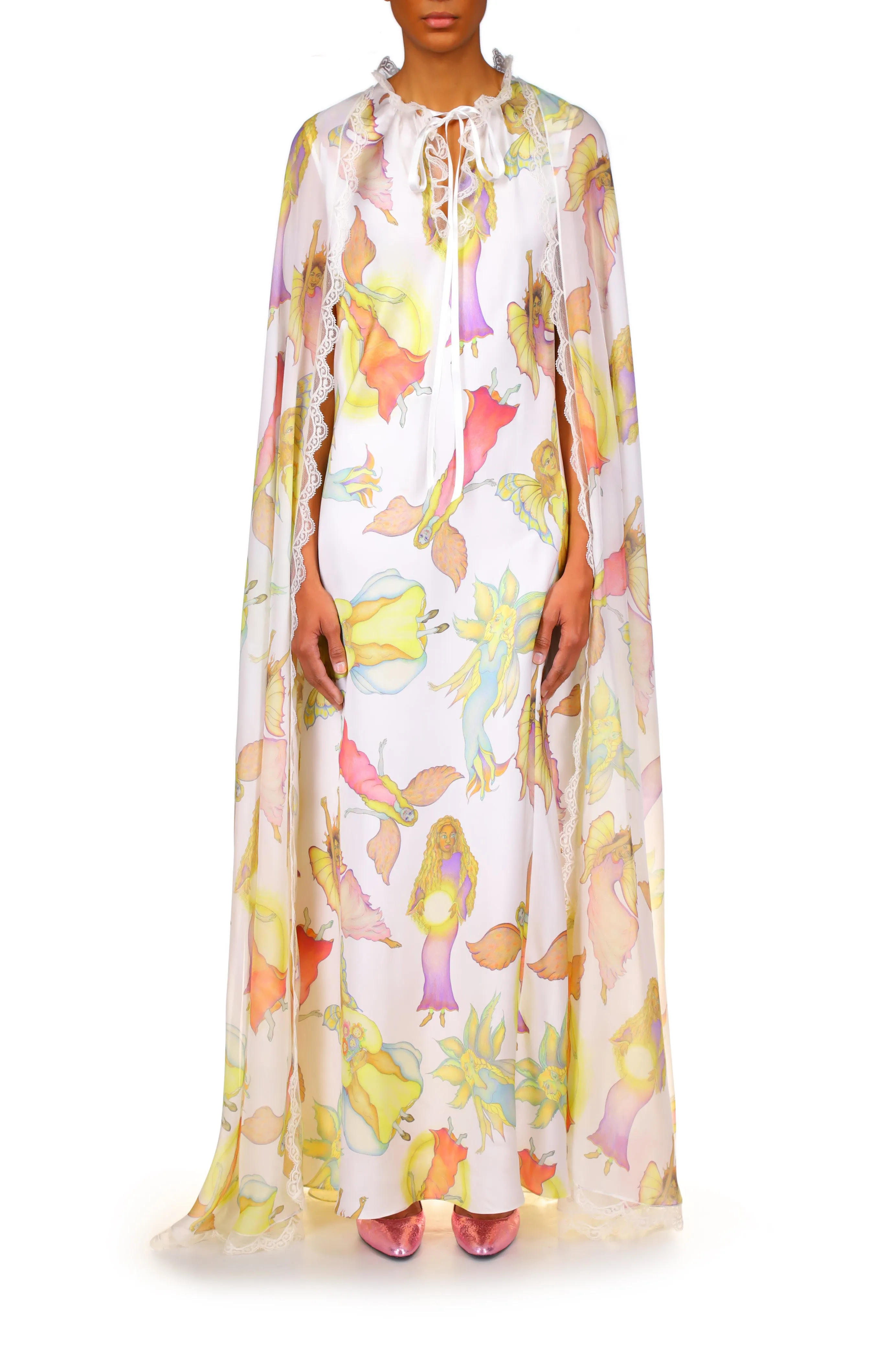Off White Fairy Printed Silk Chiffon and Charmeuse Cape Dress