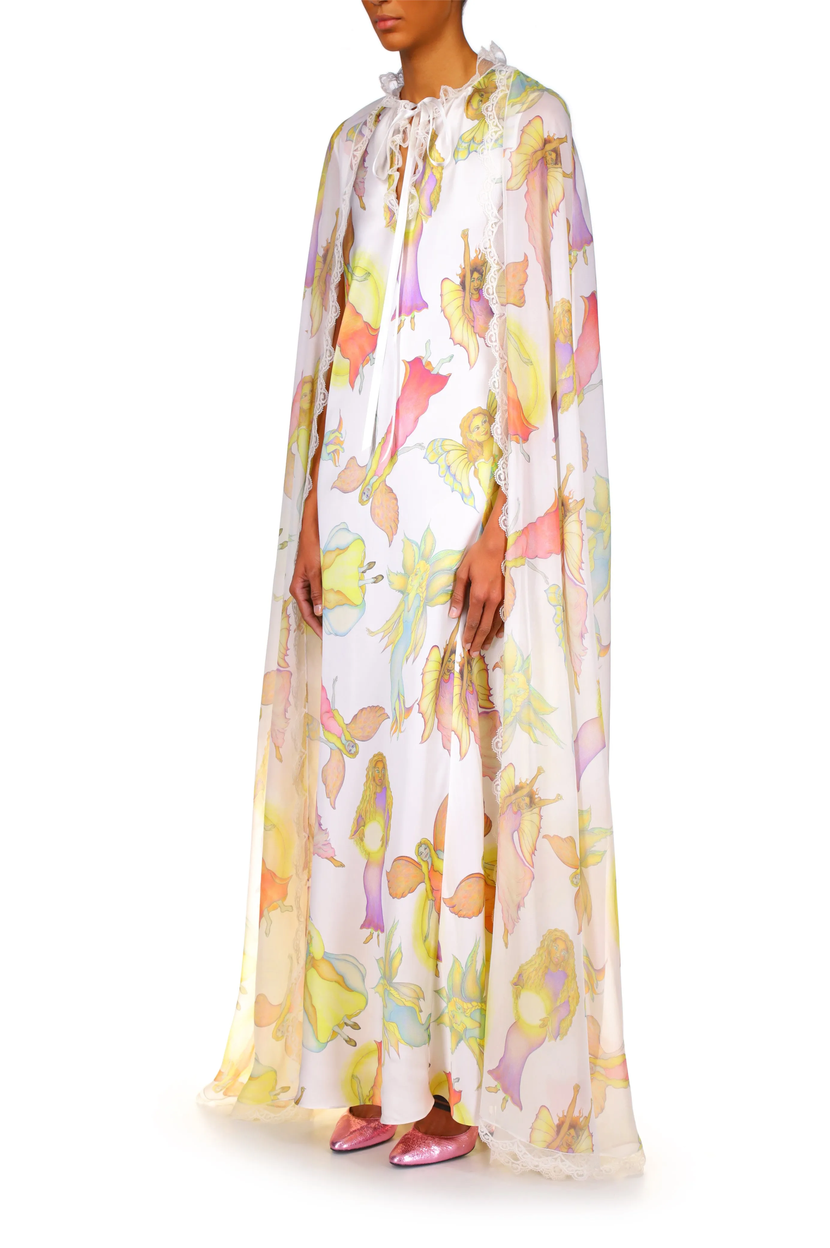 Off White Fairy Printed Silk Chiffon and Charmeuse Cape Dress