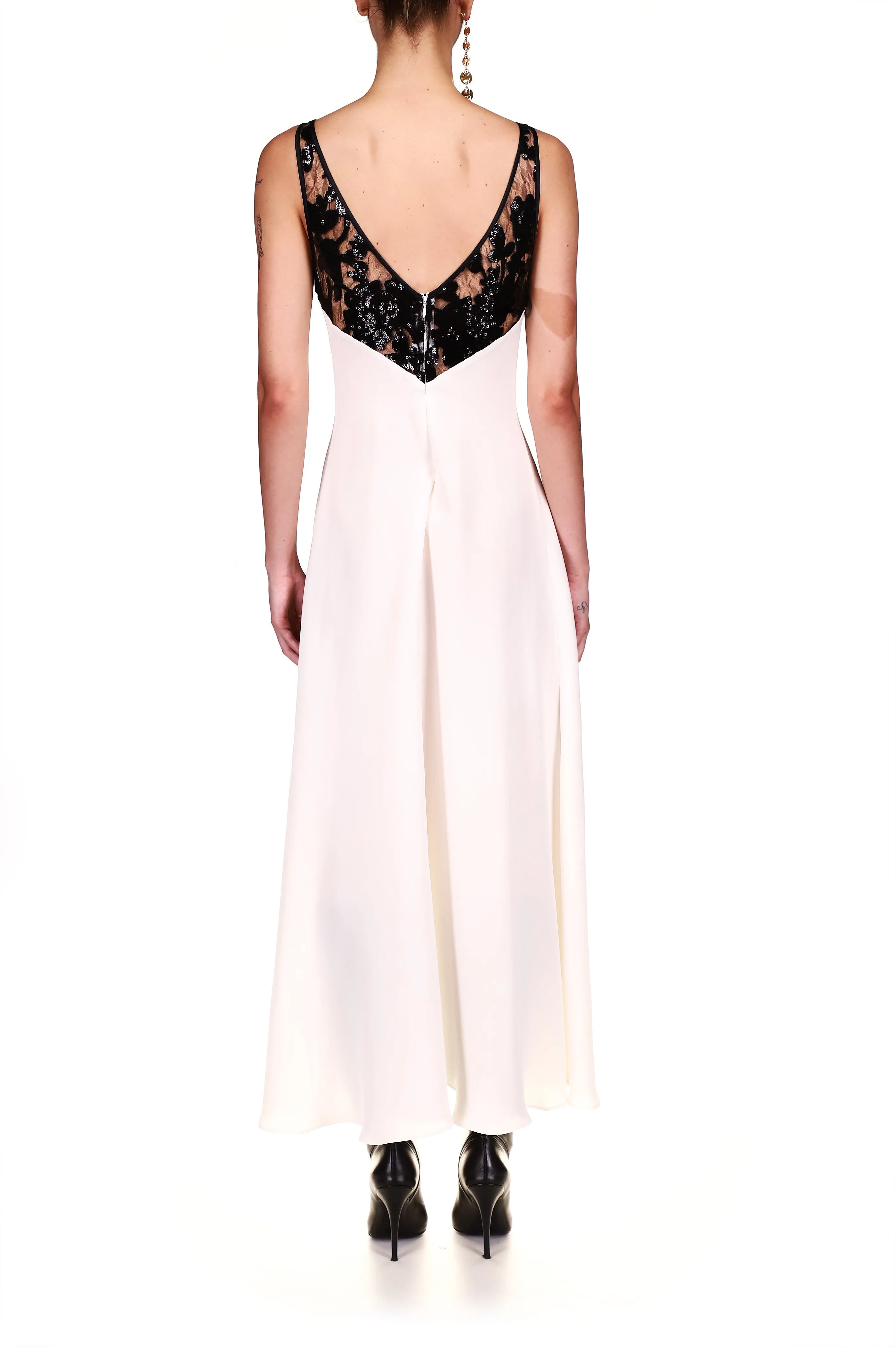 Off White Silk Crepe Dress With Black Sequin Bodice