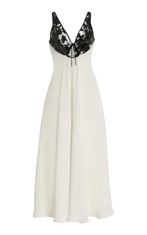 Off White Silk Crepe Dress With Black Sequin Bodice
