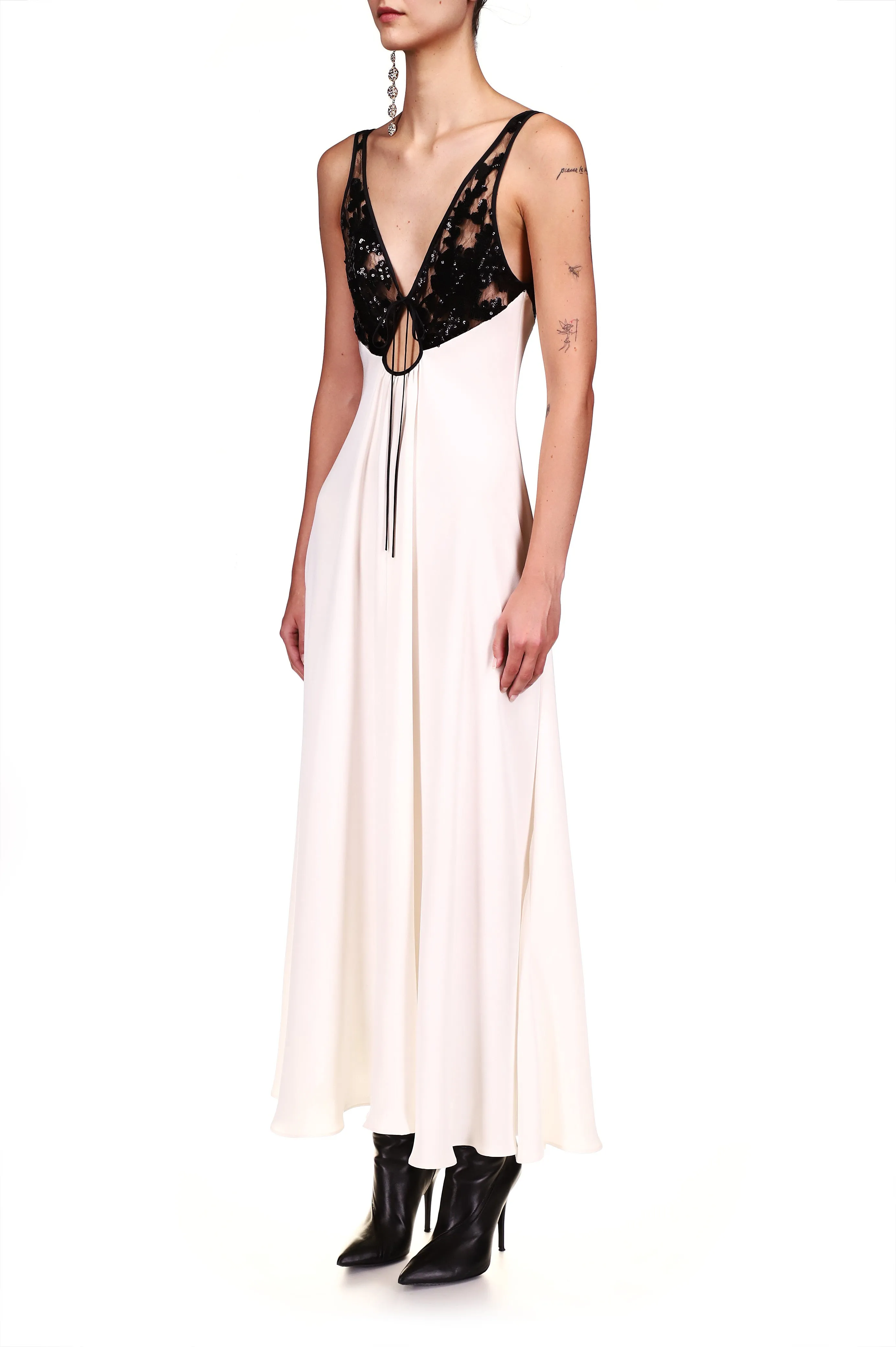 Off White Silk Crepe Dress With Black Sequin Bodice