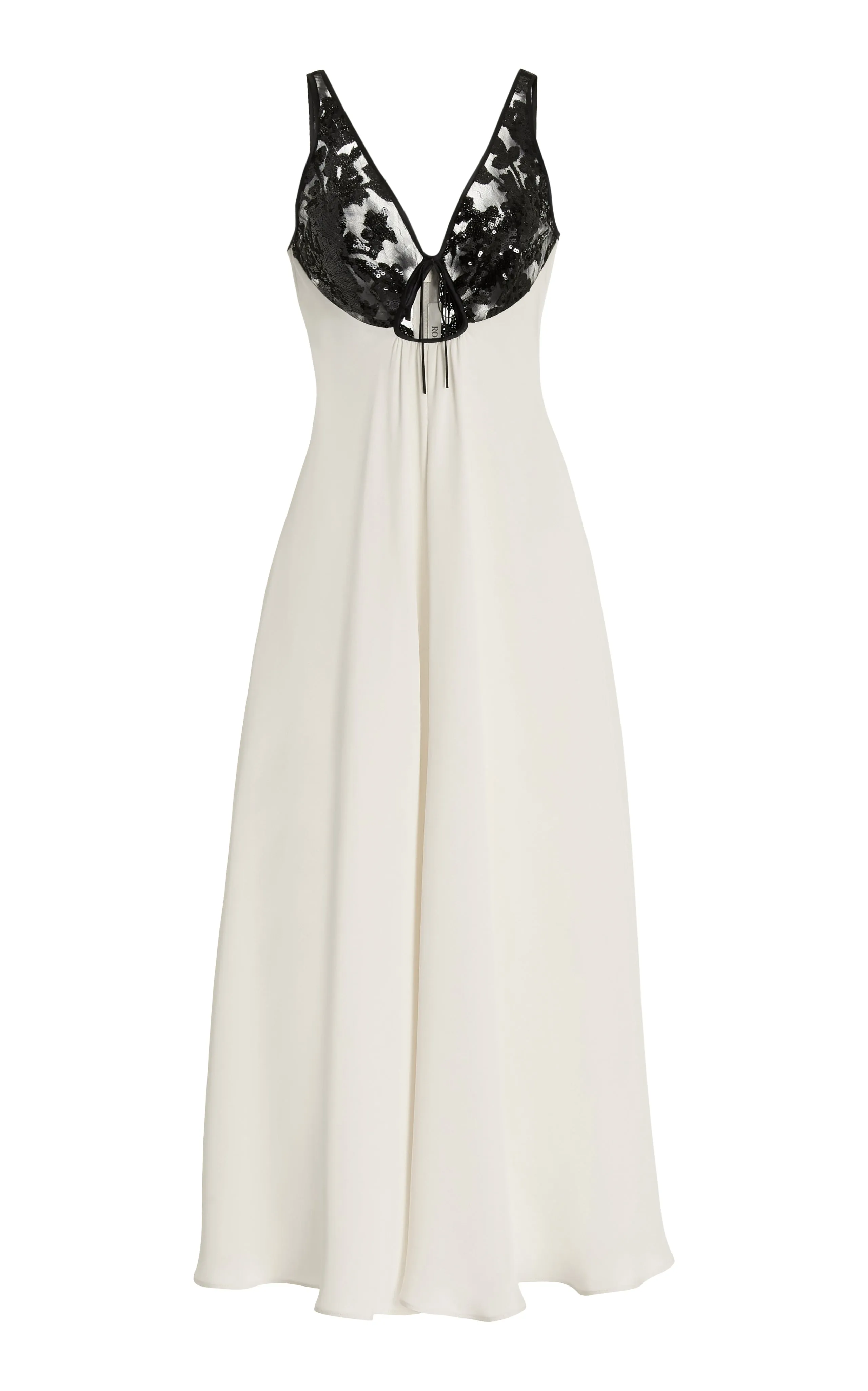 Off White Silk Crepe Dress With Black Sequin Bodice