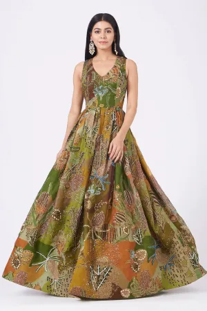 Olive Green Pastiche Organza Printed And Embellished Gown