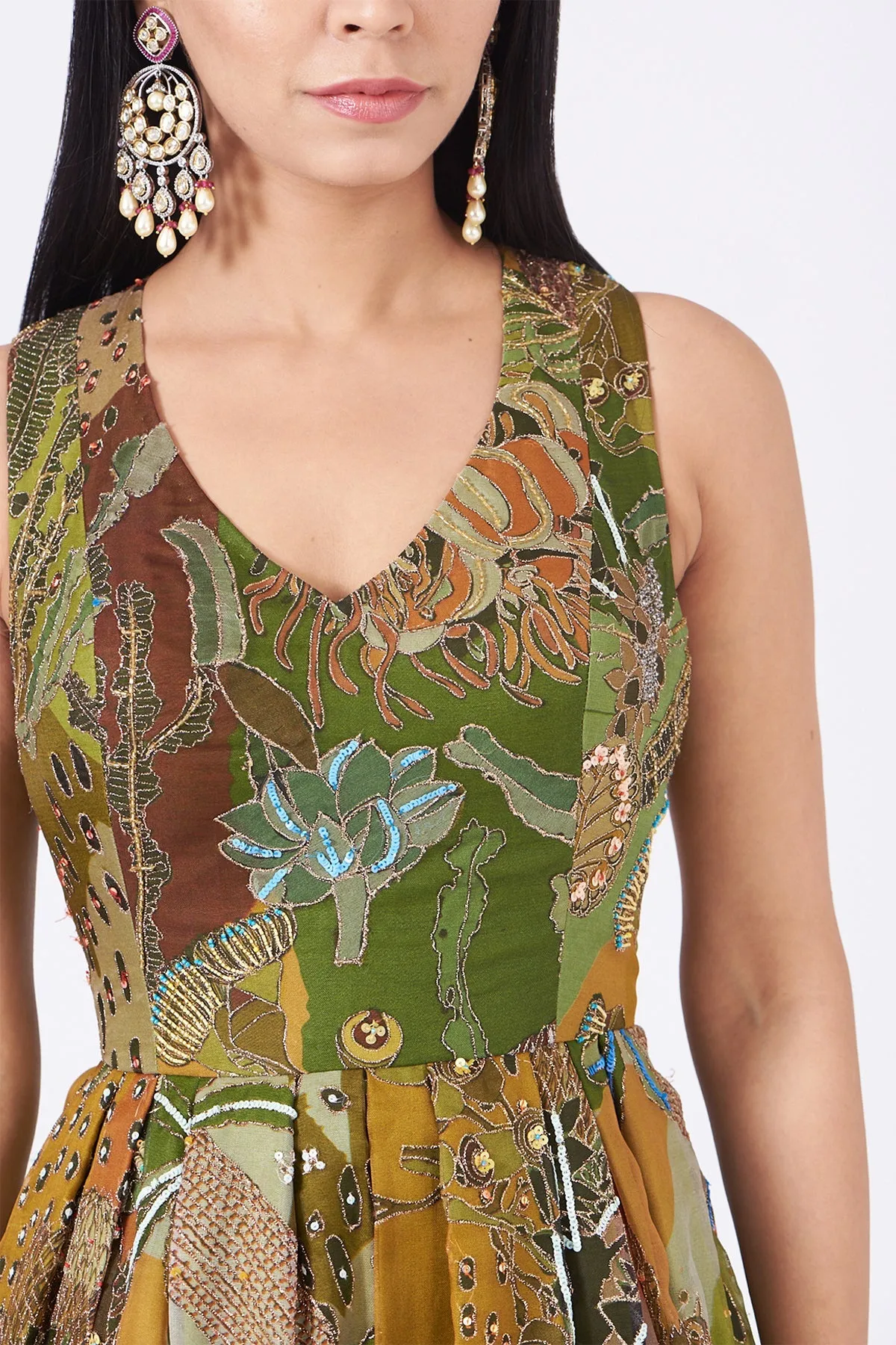 Olive Green Pastiche Organza Printed And Embellished Gown