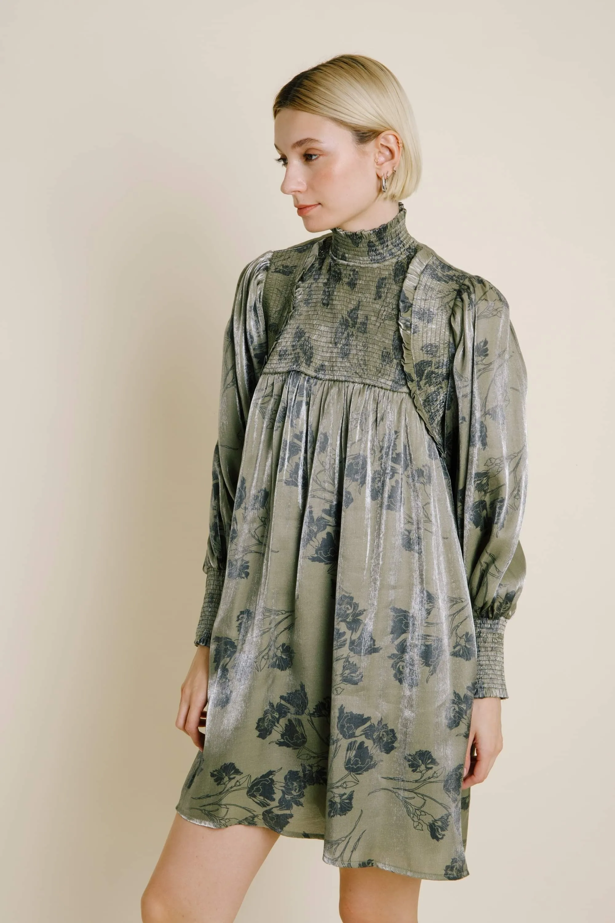 Olive Metallic Sheen Smocked Floral Mini Dress