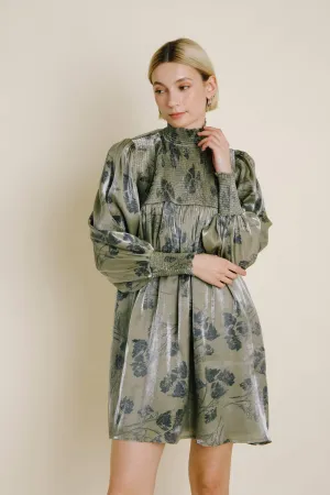 Olive Metallic Sheen Smocked Floral Mini Dress