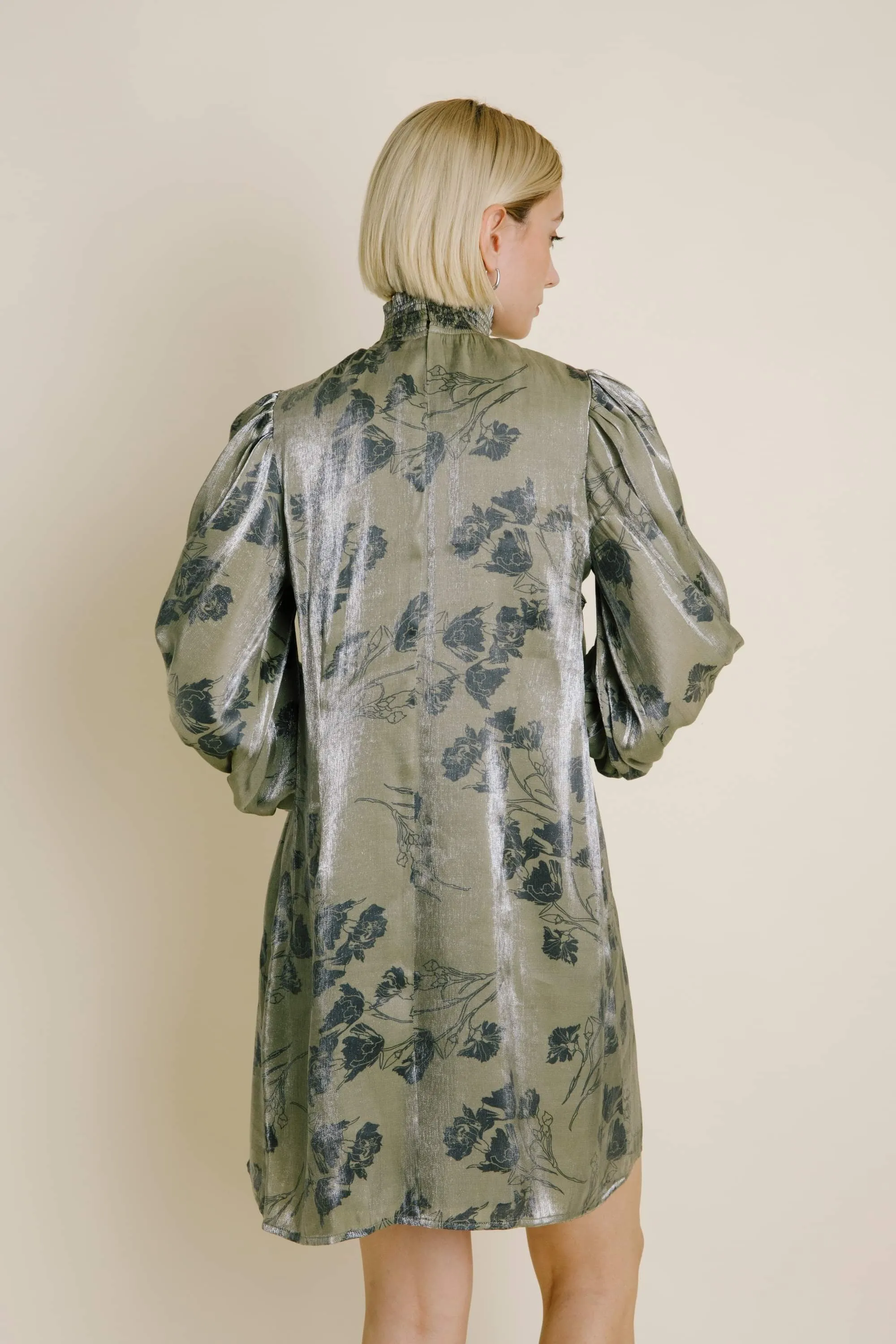 Olive Metallic Sheen Smocked Floral Mini Dress
