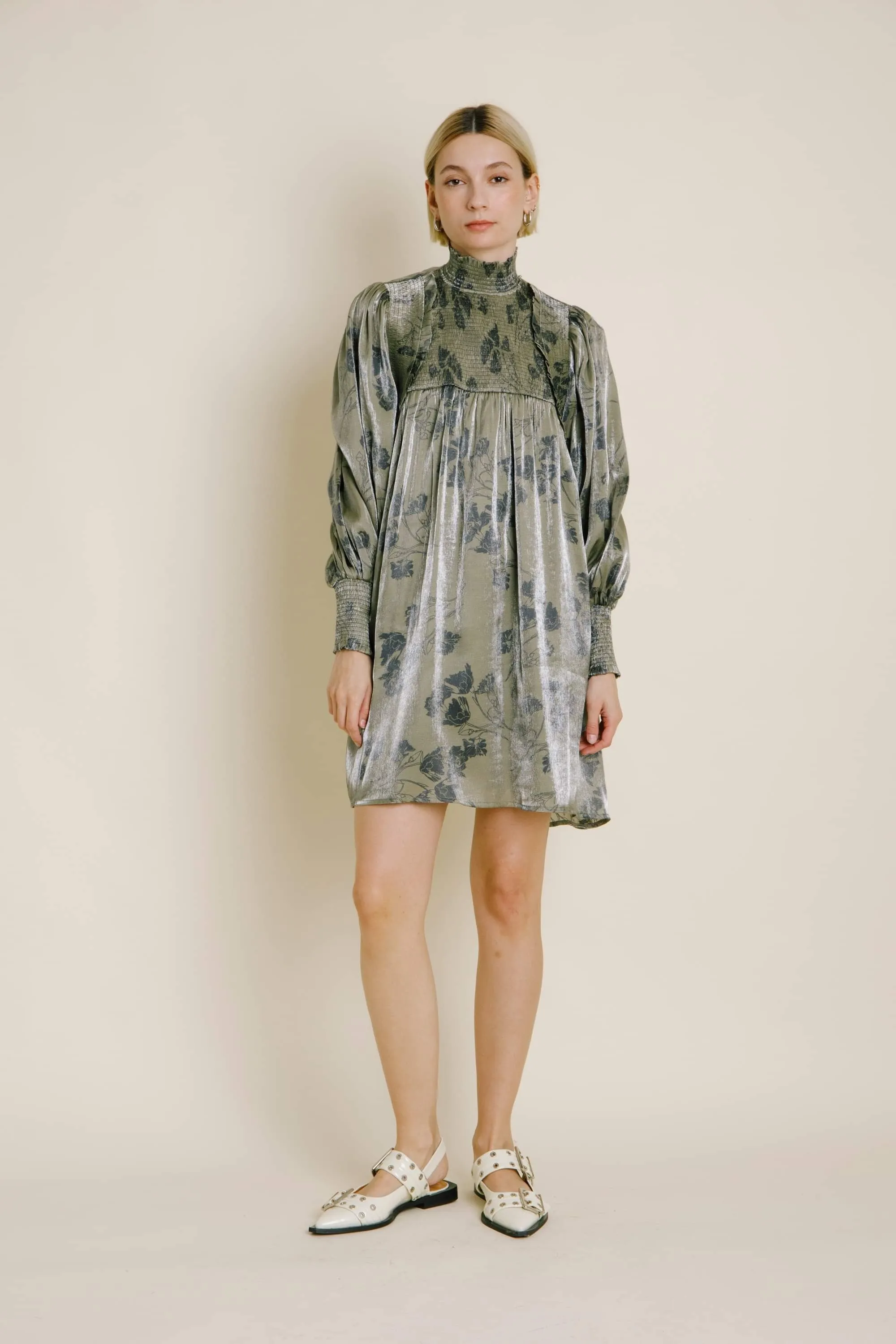 Olive Metallic Sheen Smocked Floral Mini Dress