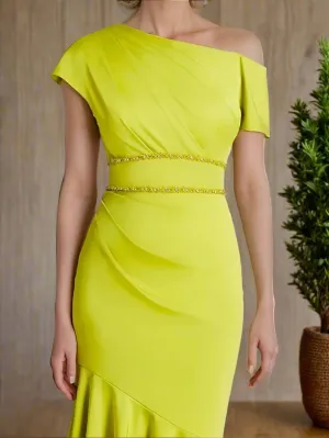 One Shoulder Lime Green Short Sleeve Tea Length Mother of The Bride Dress