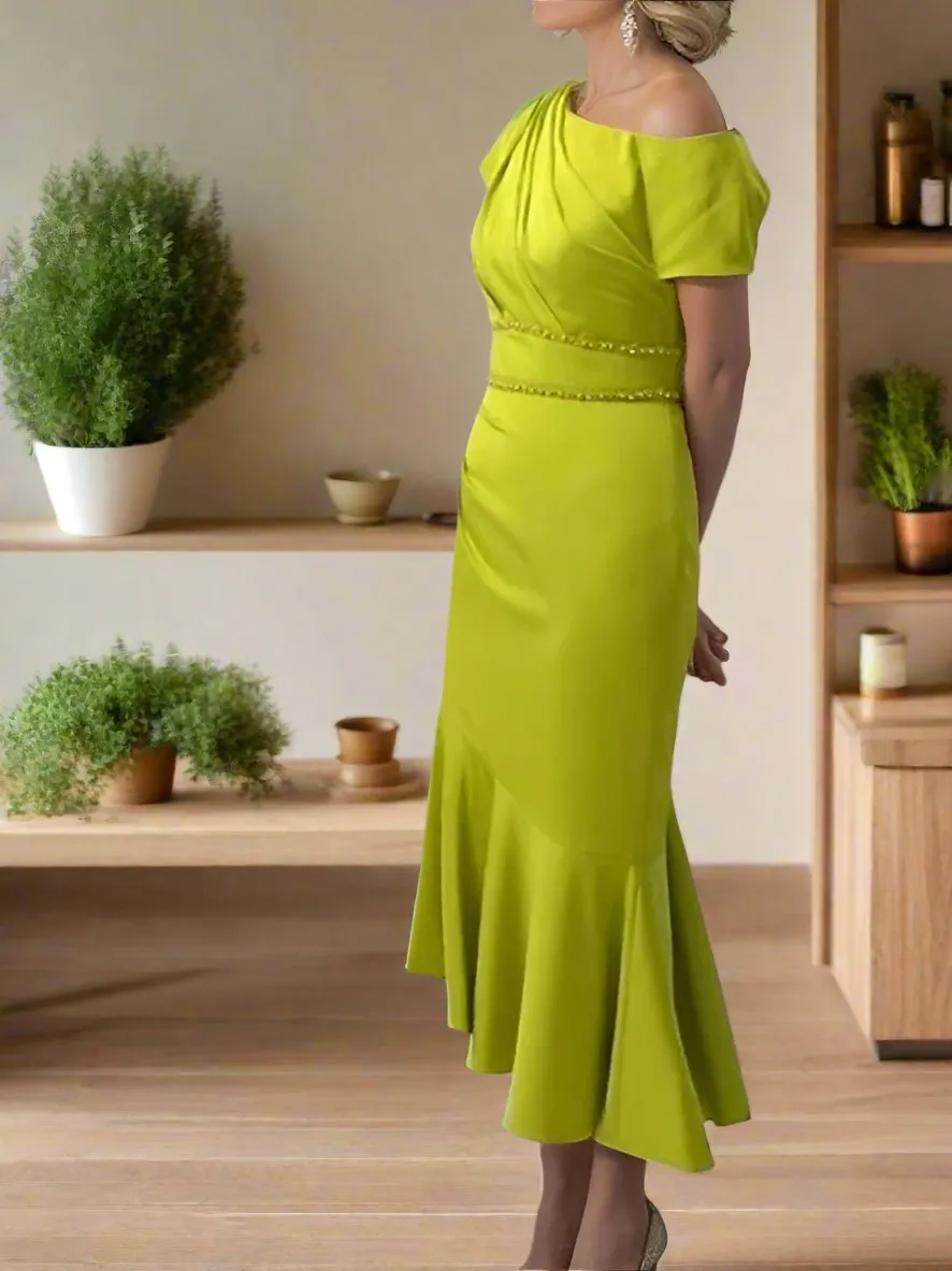One Shoulder Lime Green Short Sleeve Tea Length Mother of The Bride Dress