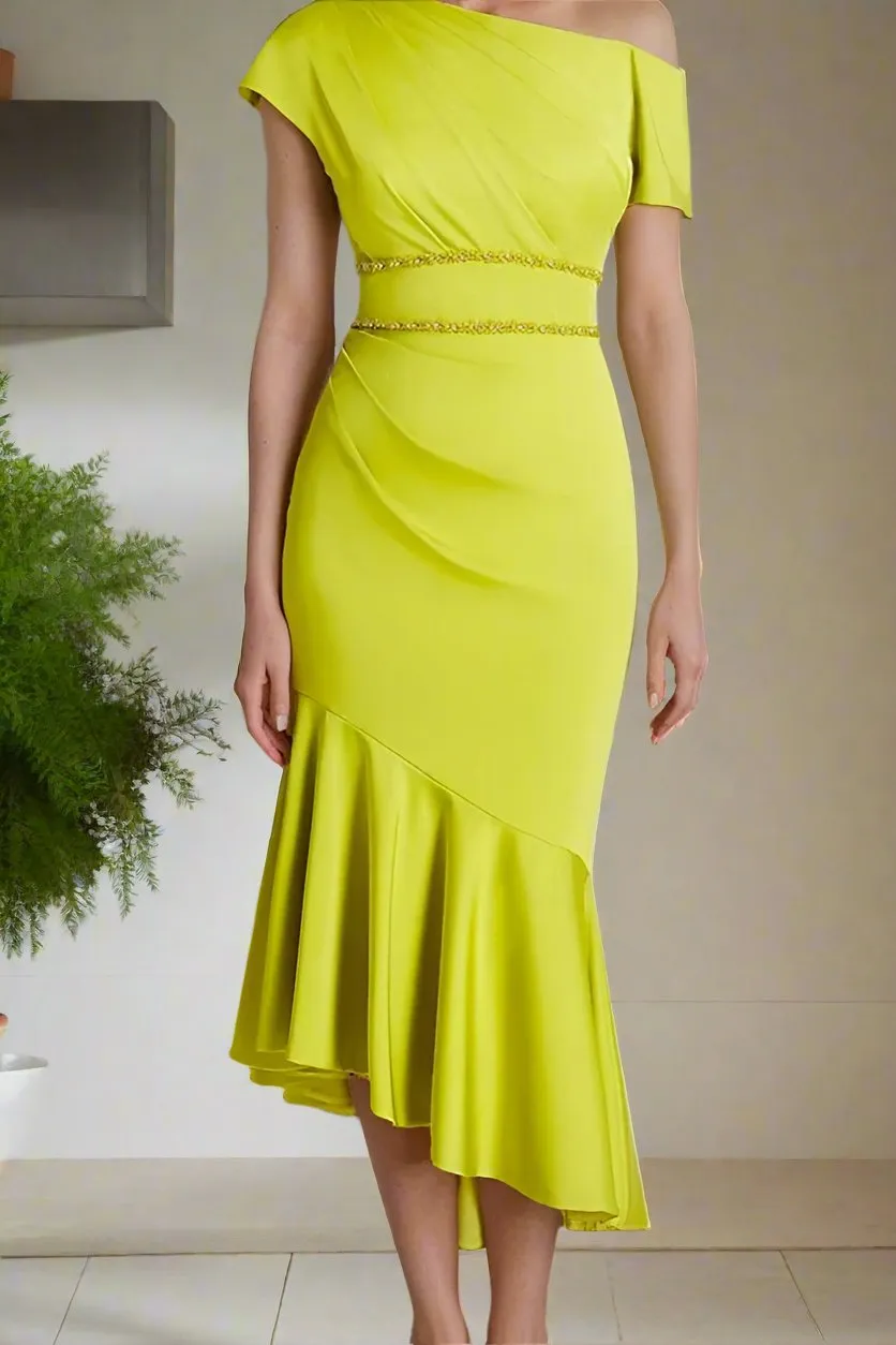 One Shoulder Lime Green Short Sleeve Tea Length Mother of The Bride Dress