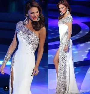 one shoulder white evening dresses long sleeve beaded crystals mermaid sexy formal dresses vestido de longo