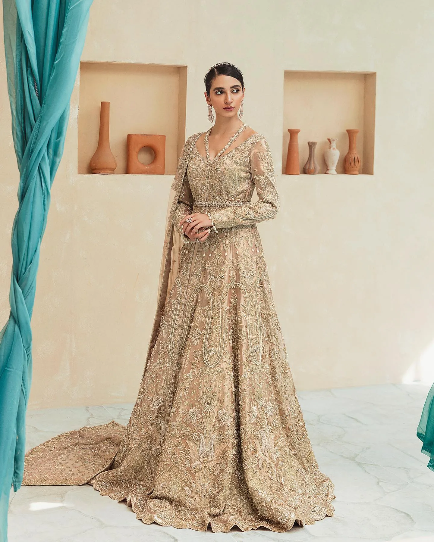 Open Pakistani Bridal Gown with Lehenga and Dupatta