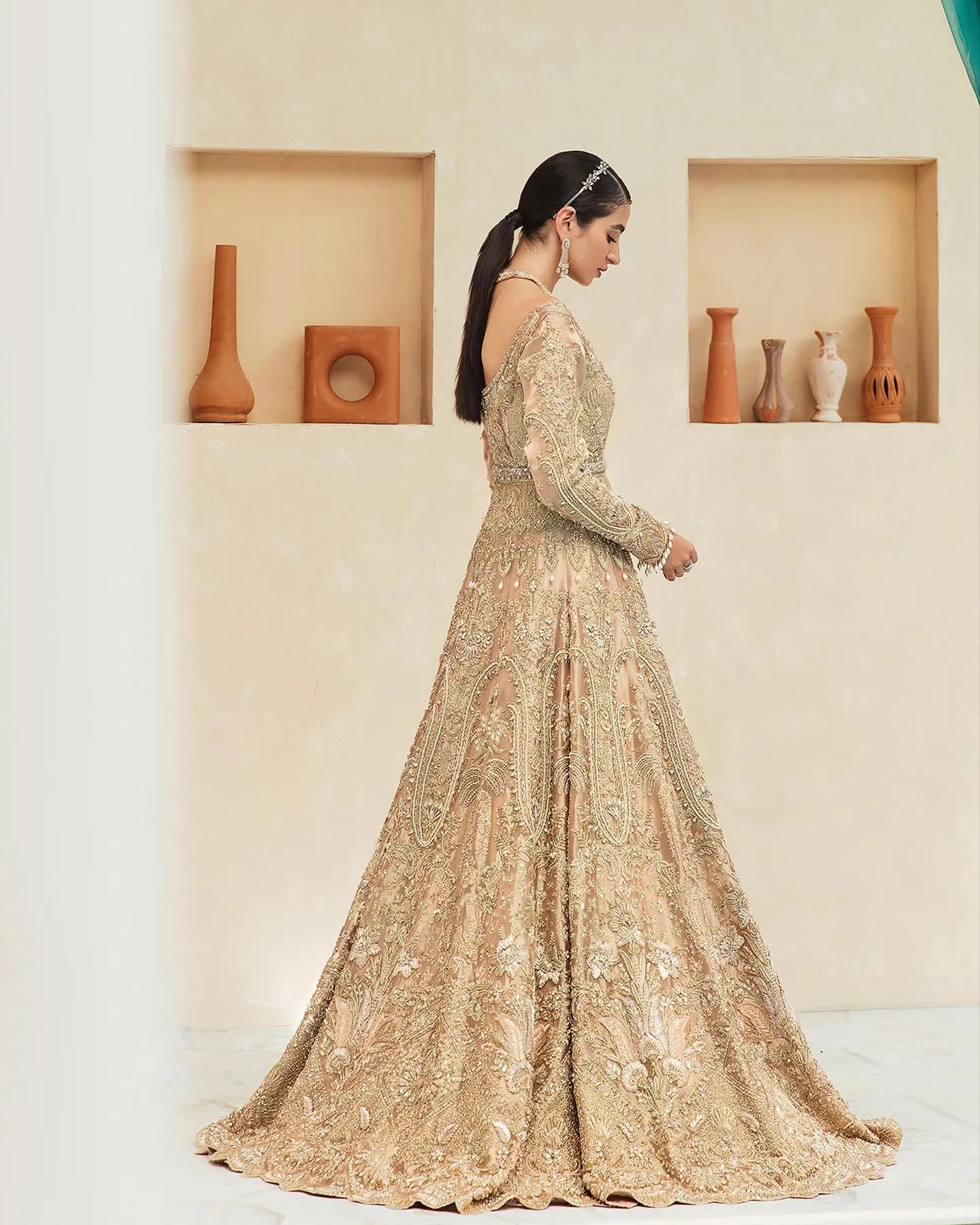 Open Pakistani Bridal Gown with Lehenga and Dupatta