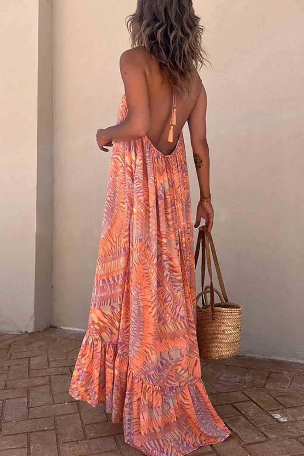 Orange Hanging Neck Open Back Geometric Print Dress