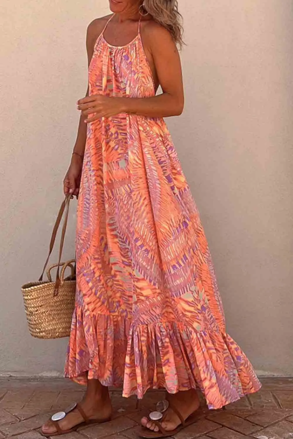 Orange Hanging Neck Open Back Geometric Print Dress