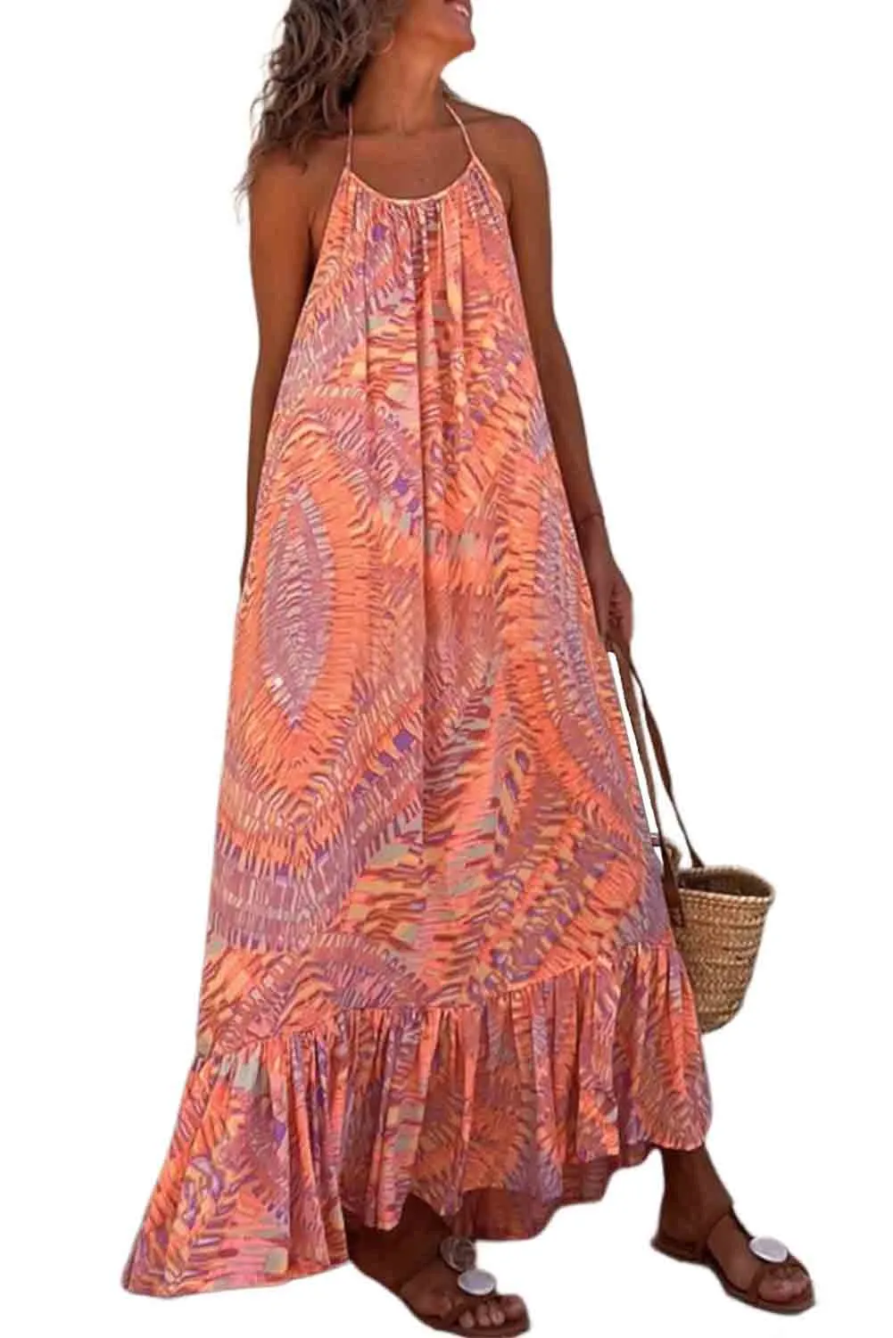 Orange Hanging Neck Open Back Geometric Print Dress