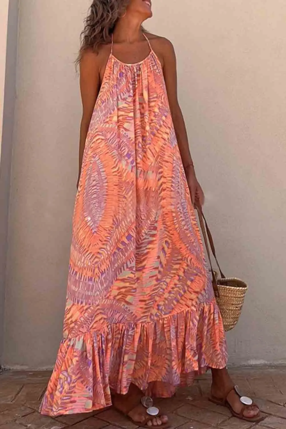 Orange Hanging Neck Open Back Geometric Print Dress