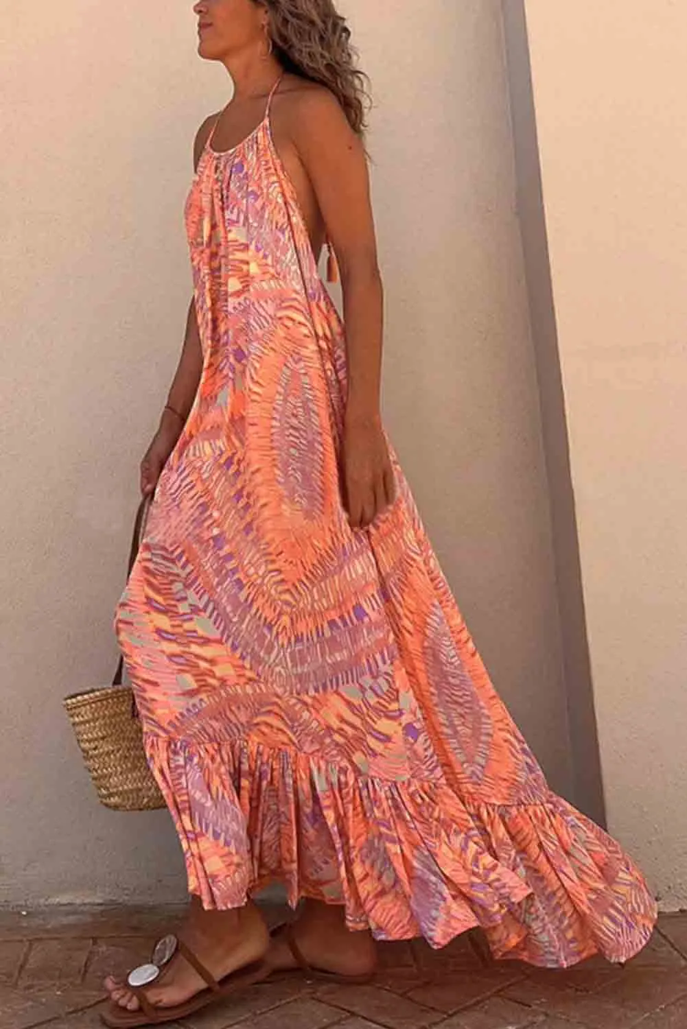 Orange Hanging Neck Open Back Geometric Print Dress