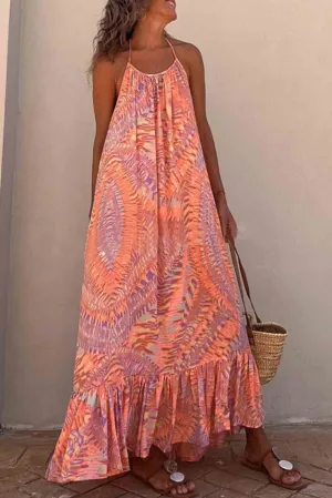 Orange Hanging Neck Open Back Geometric Print Dress
