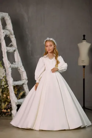 OTTAWA – CLASSIC COMMUNION DRESS WITH PUFF SLEEVE AND LACE TRIM