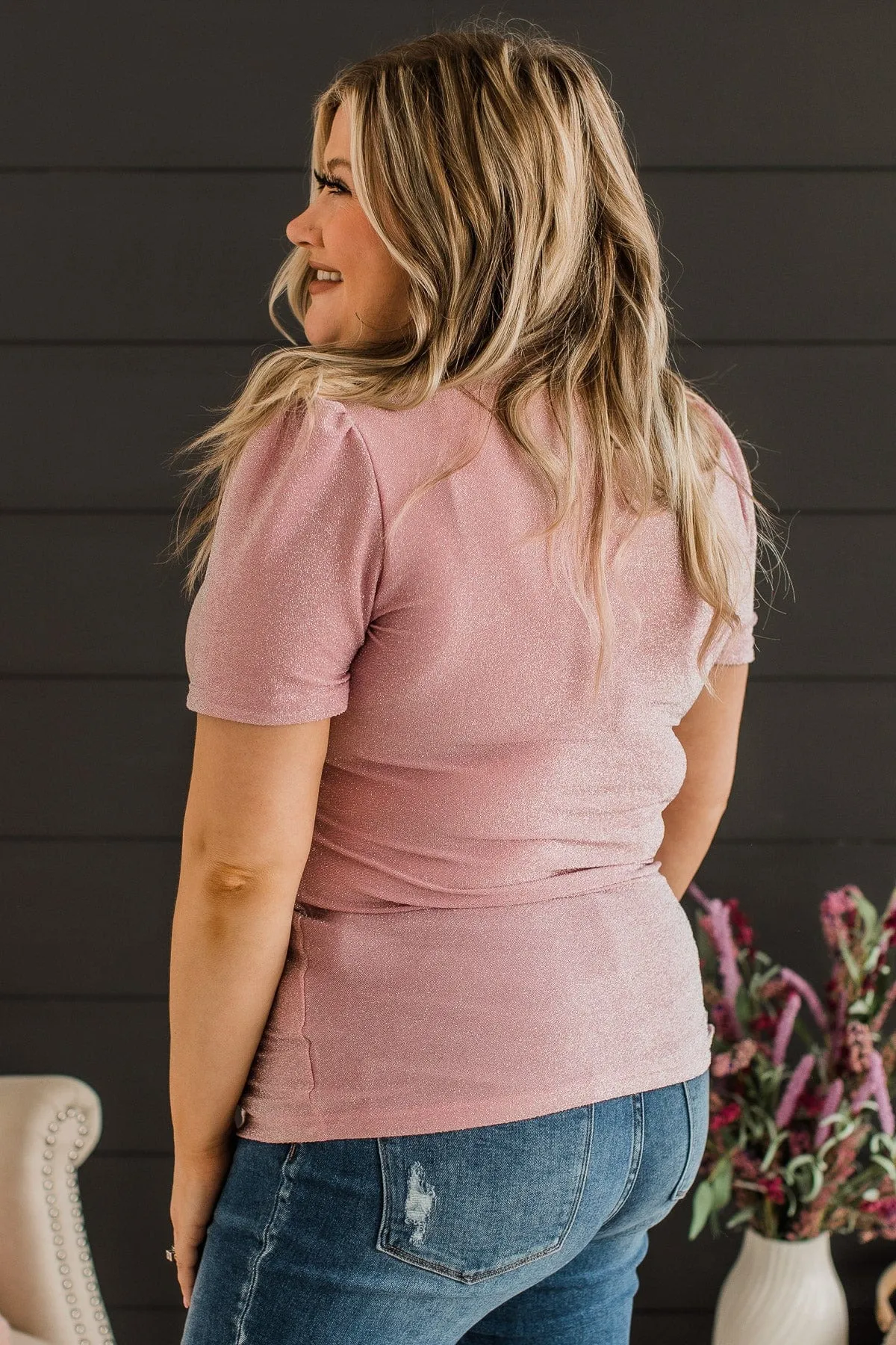 Own The Evening Short Sleeve Shimmer Top- Light Pink