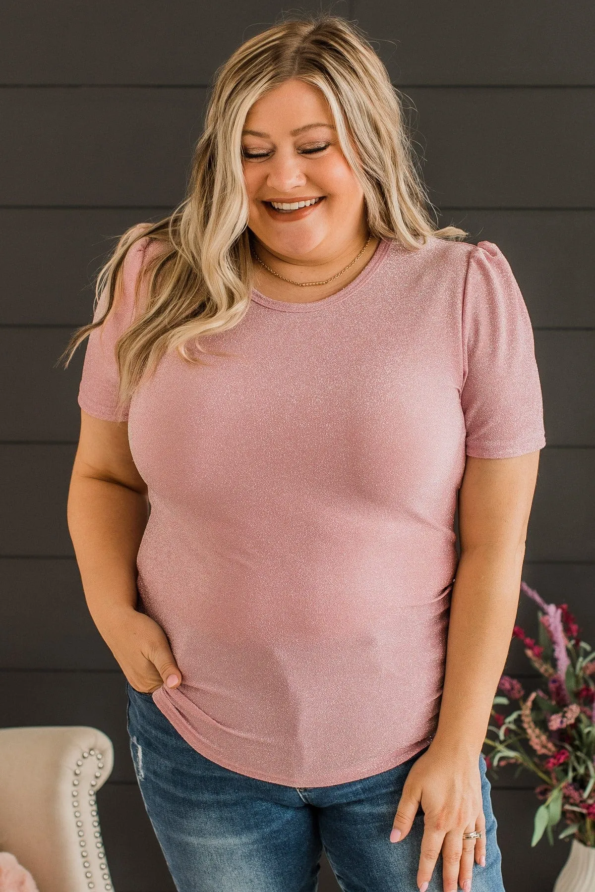 Own The Evening Short Sleeve Shimmer Top- Light Pink