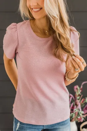 Own The Evening Short Sleeve Shimmer Top- Light Pink