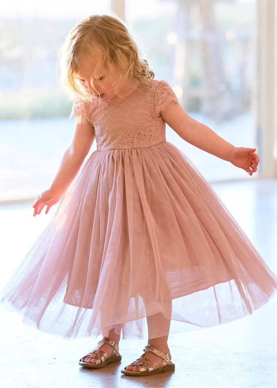 Paisley Lace Flower Girl Dress in Dusty Pink