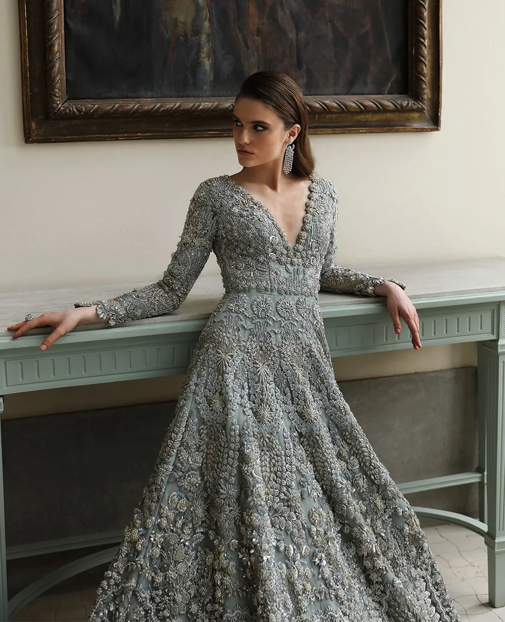 Pakistani Bridal Dress in Blue Grey Gown Dupatta Style
