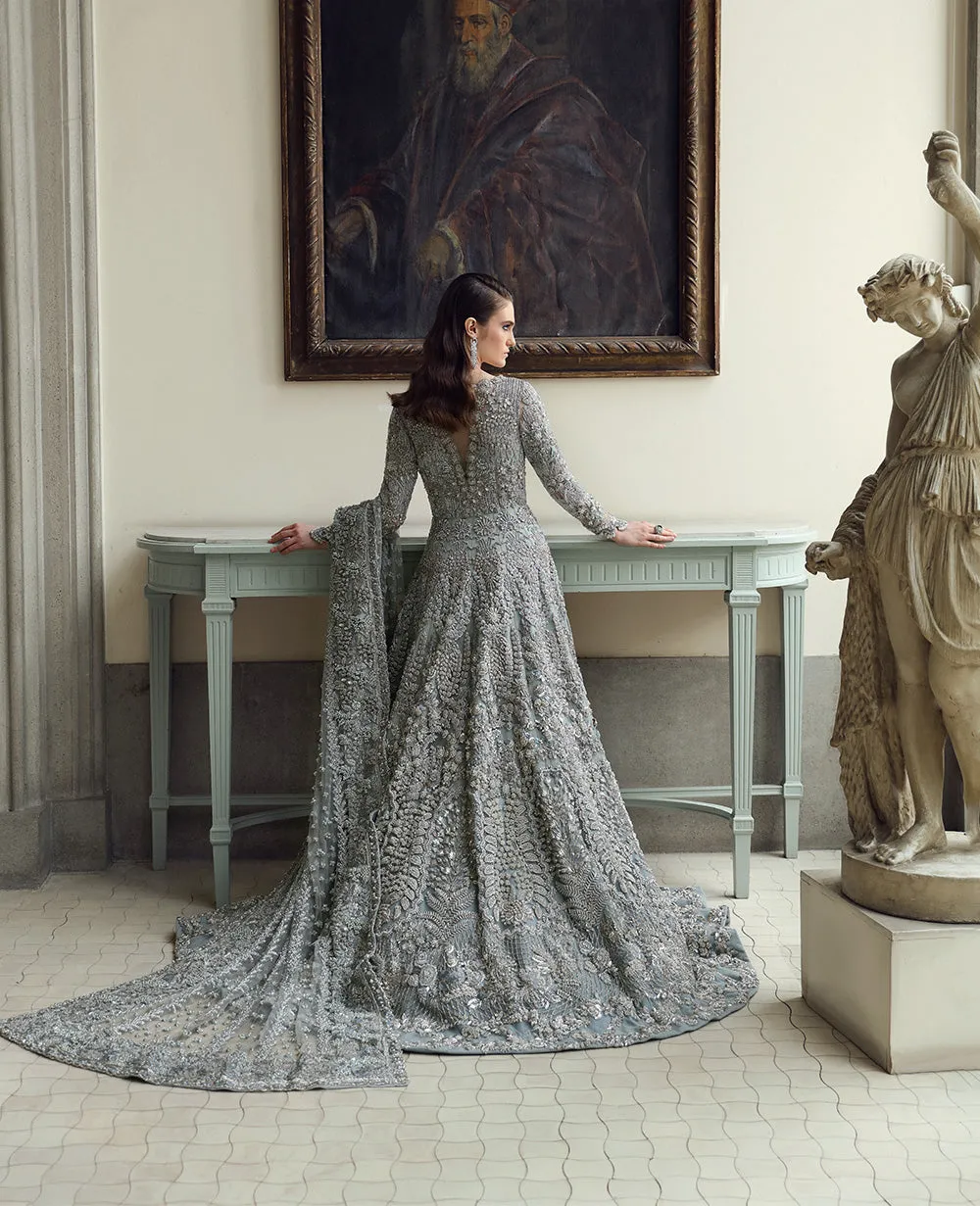 Pakistani Bridal Dress in Blue Grey Gown Dupatta Style