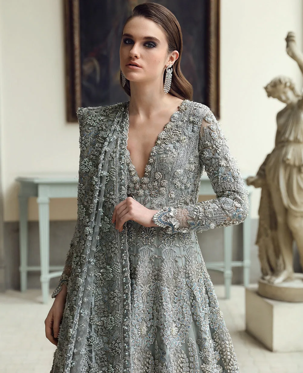 Pakistani Bridal Dress in Blue Grey Gown Dupatta Style