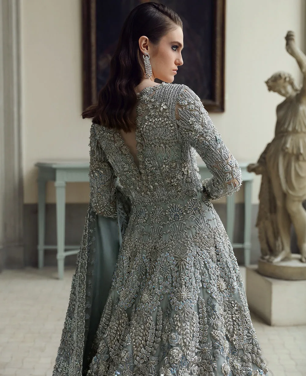 Pakistani Bridal Dress in Blue Grey Gown Dupatta Style
