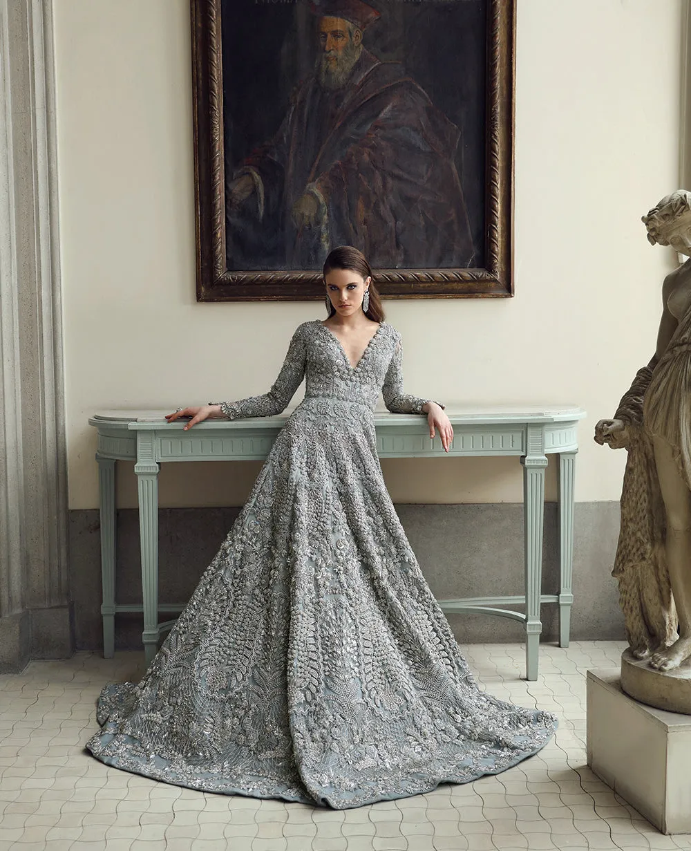 Pakistani Bridal Dress in Blue Grey Gown Dupatta Style
