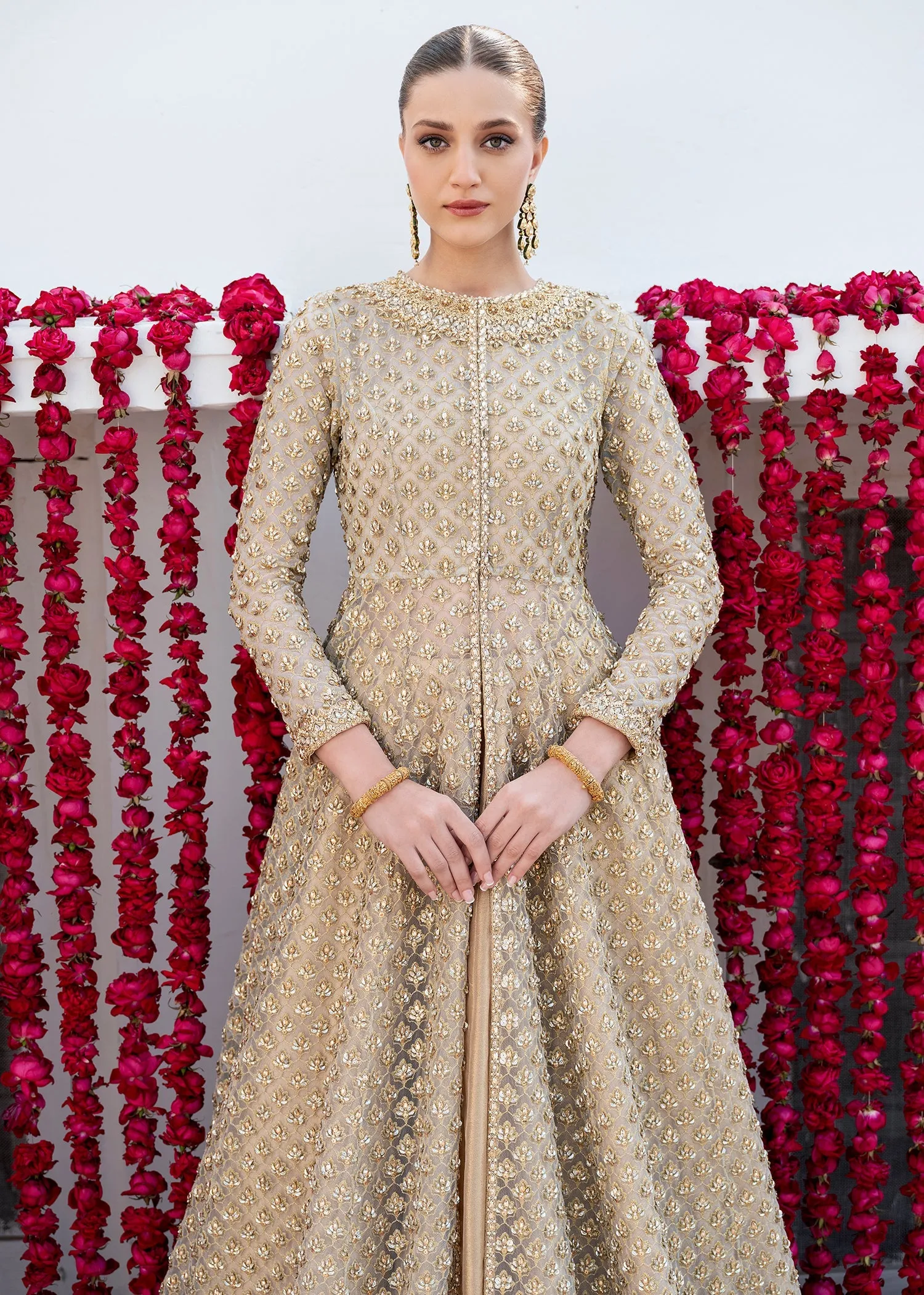 Pakistani Bridal Dress in Open Gown and Lehenga Style