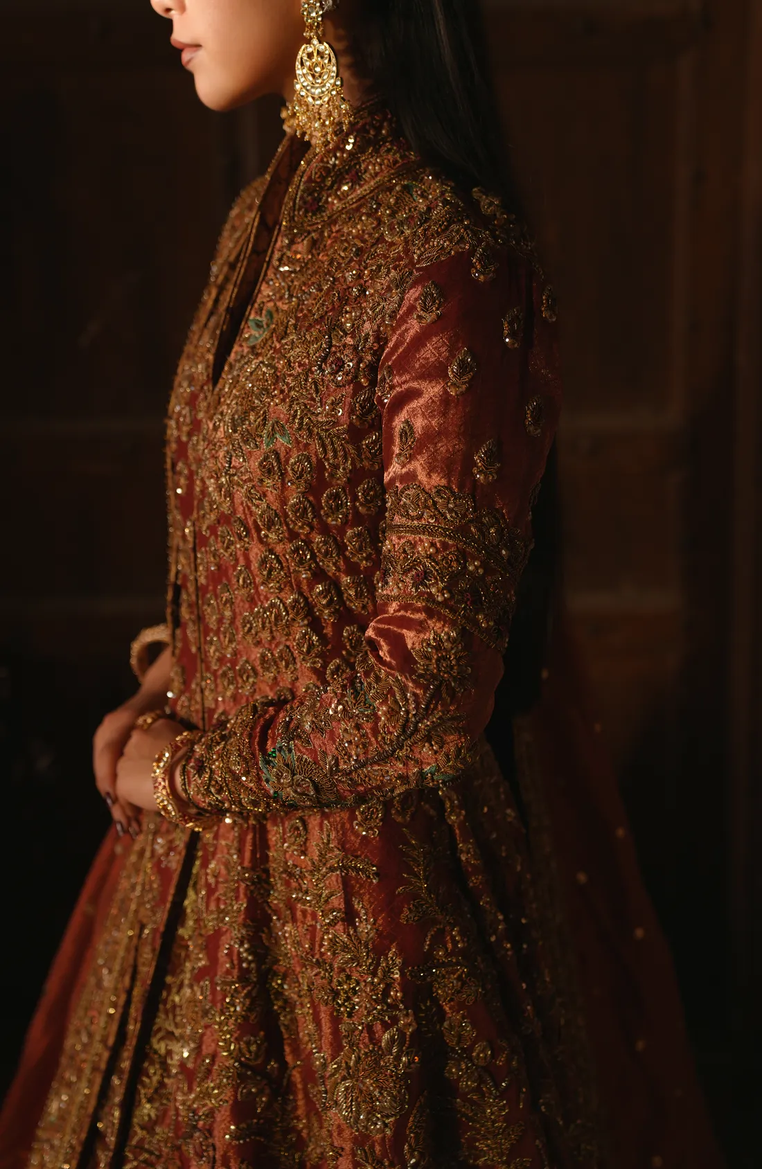 Pakistani Bridal Dress in Open Jacket Lehenga Style