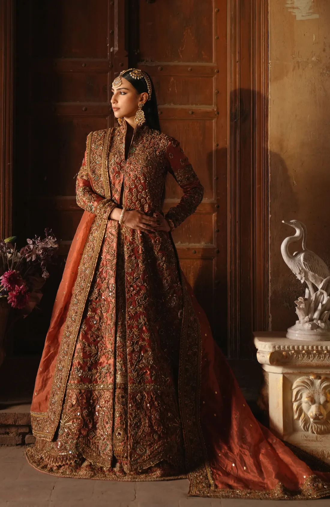 Pakistani Bridal Dress in Open Jacket Lehenga Style
