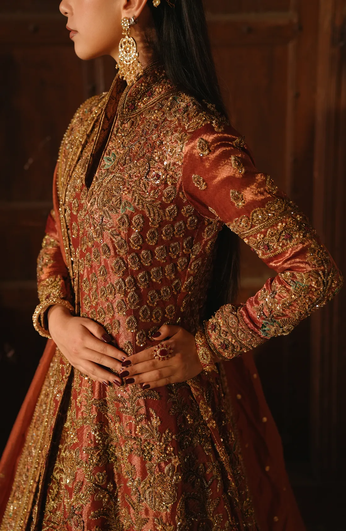Pakistani Bridal Dress in Open Jacket Lehenga Style