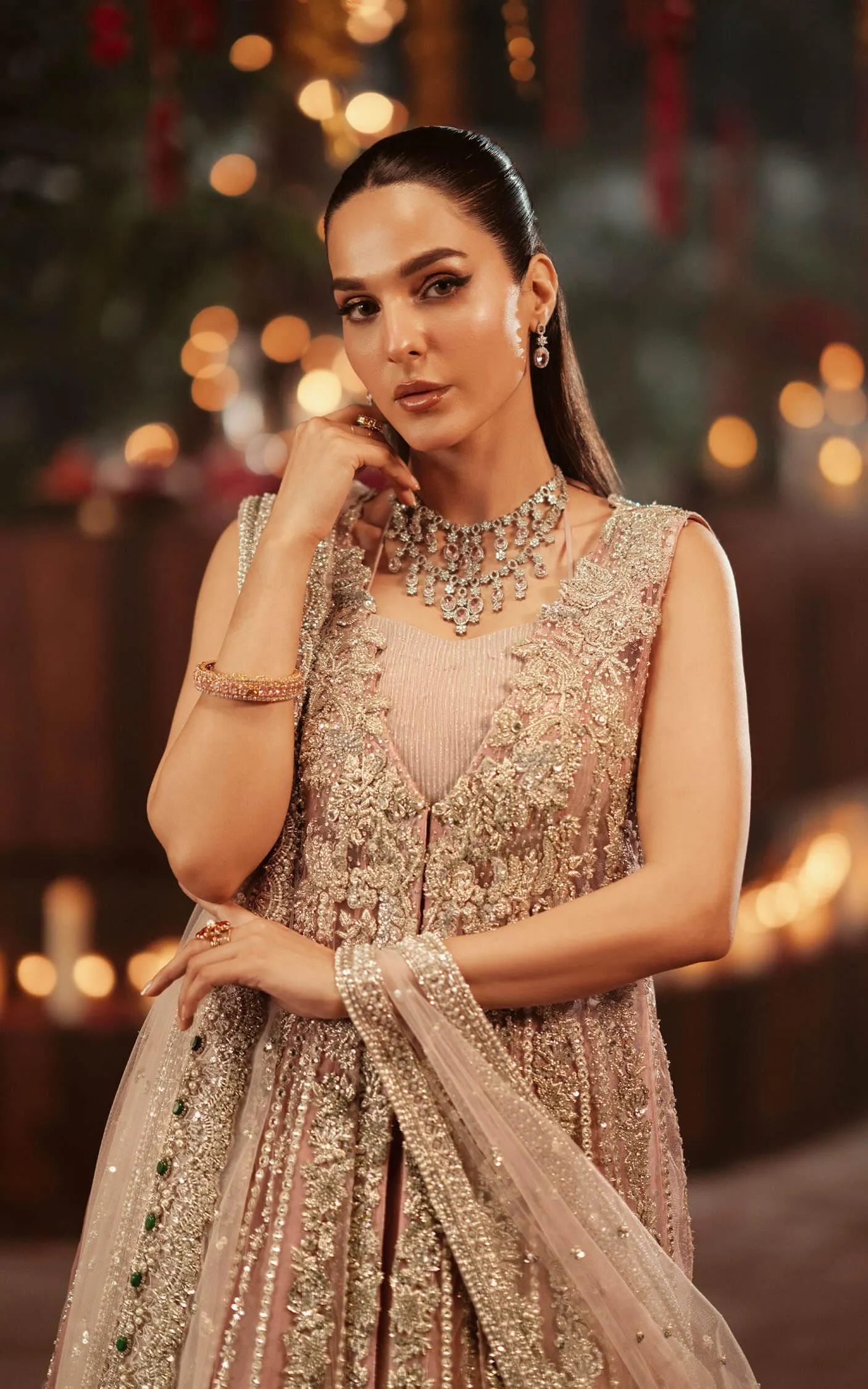 Pakistani Bridal Dress in Pink Open Gown Lehenga Style